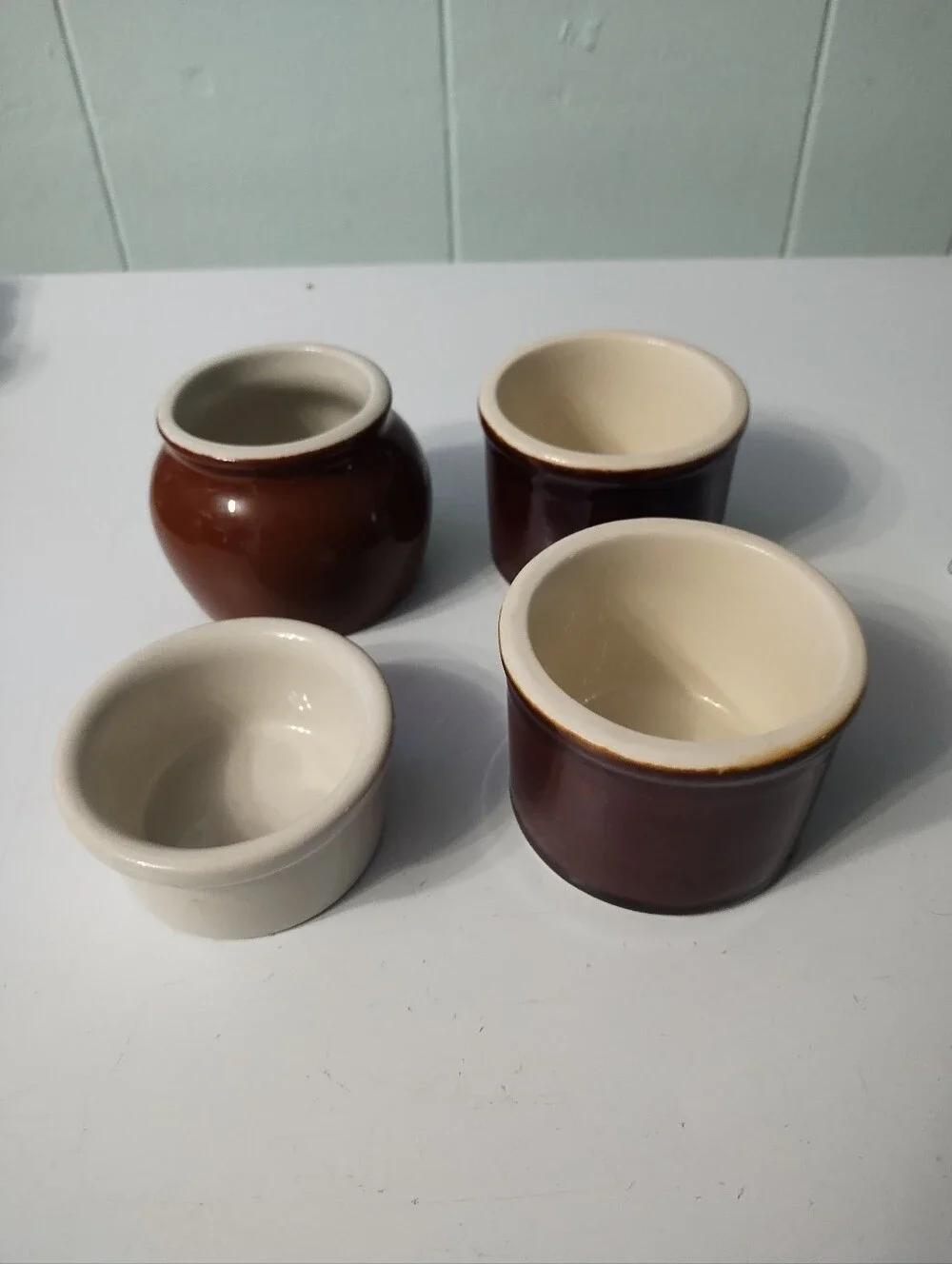Vintage Hall China Brown and Cream Ceramic Crock, Bean Pot And Ramekin Set